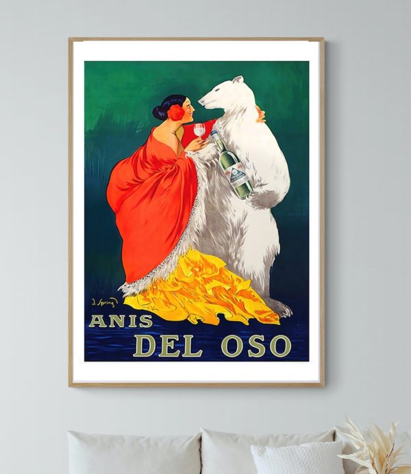 Affiche vintage de Folies Bergère avec femme en robe rouge et ours blanc, promotion d’un spectacle v.