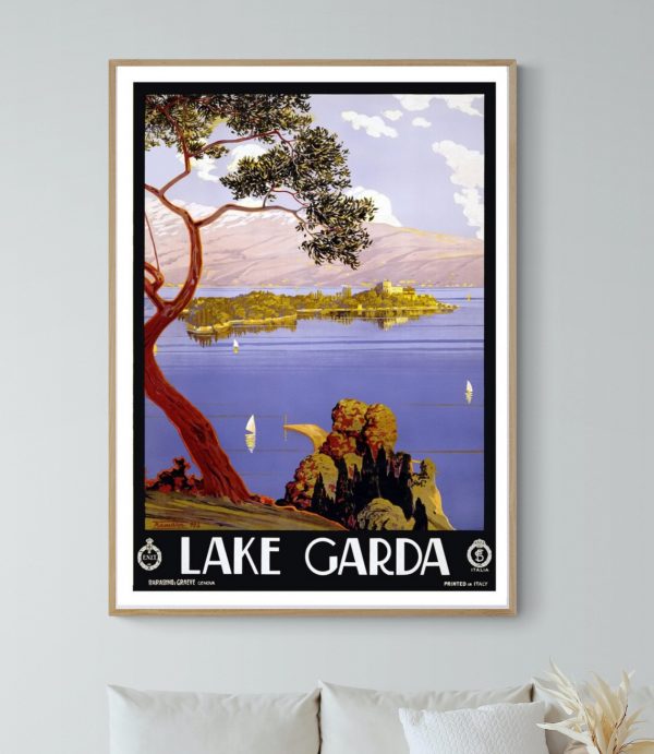 Affiche vintage du lac de Garde avec paysage et montagnes.