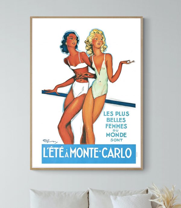 Affiche vintage Carnaval Nice 1975, femmes élégantes en maillot, style rétro, ambiance festive.