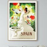 Affiche vintage Espagne flamenco avec danseuse en robe blanche et ambiance colorée.