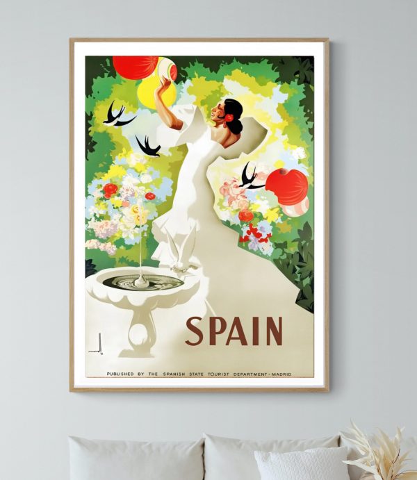 Affiche vintage Espagne flamenco avec danseuse en robe blanche et ambiance colorée.