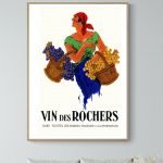 Affiche vintage flamenco avec femme dansant, raisins et style rétro. Parfait pour décoration murale.
