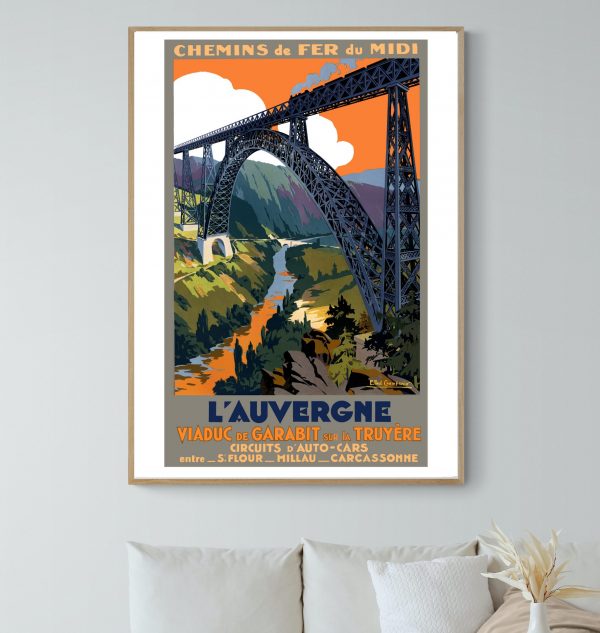 Affiche vintage du Lac Chambon, Auvergne, avec pont ferroviaire emblématique.