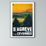 Affiche vintage du Lac Chambon en Auvergne, paysage coloré avec montagnes et forêt.