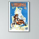 Affiche vintage du Carnaval de Nice 1975 avec une illustration d'une femme allongée sur la plage, mo.