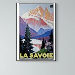 Affiche vintage de montagne représentant la Savoie avec paysages alpins et chalet.