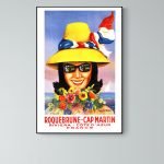 Affiche vintage du Carnaval de Nice 1975 avec femme portant un chapeau coloré et fleurs.