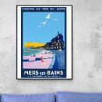 Affiche vintage du Festival de Cannes 1952, illustrant le style rétro avec vue sur la mer et la vill.