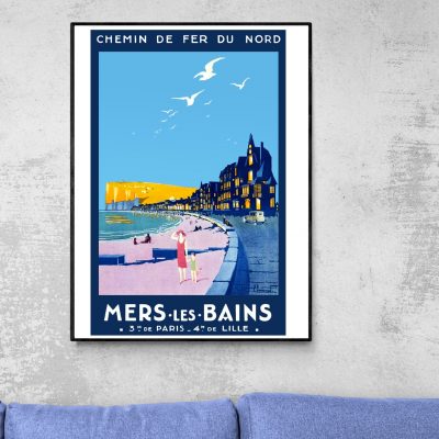 Affiche vintage du Festival de Cannes 1952, illustrant le style rétro avec vue sur la mer et la vill.