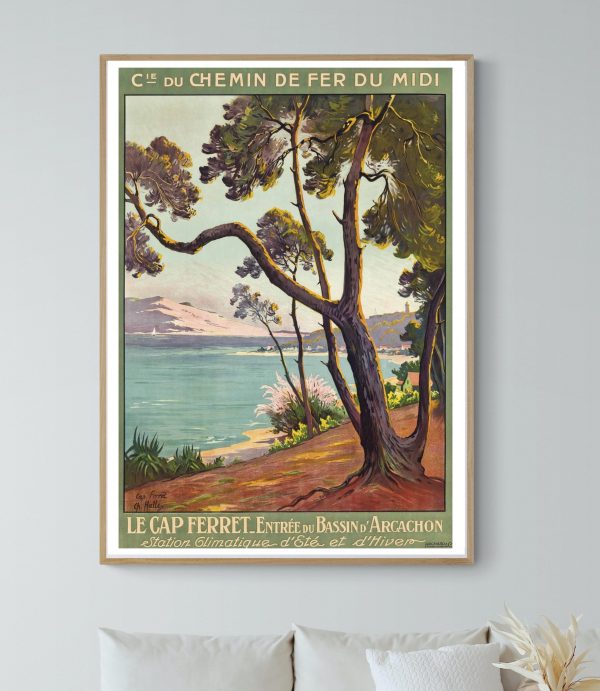 Affiche vintage du Basque Coast et chemin de fer, illustrant la région avec un arbre et la mer.