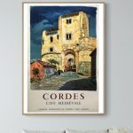 Affiche vintage de Cordes, cité médiévale du Tarn, France, avec architecture historique.