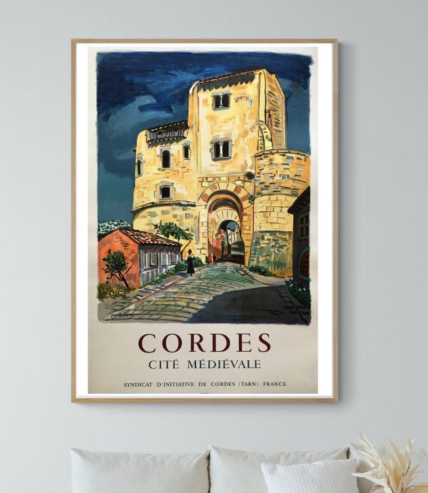 Affiche vintage de Cordes, cité médiévale du Tarn, France, avec architecture historique.