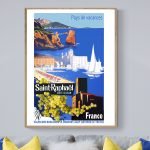 Affiche vintage du Carnaval de Nice 1975, illustrant la côte d'Azur avec plages, montagnes et festiv.