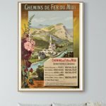 Affiche vintage de chemin de fer du Midi avec paysage montagneux et train. Parfaite pour décoration.