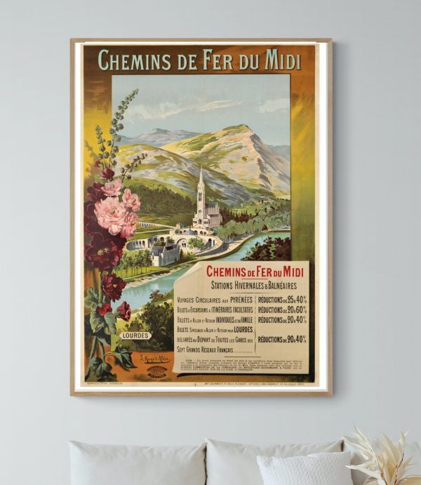 Affiche vintage de chemin de fer du Midi avec paysage montagneux et train. Parfaite pour décoration.