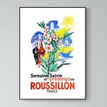Affiche vintage Roussillon avec fleurs et paysages provençaux.
