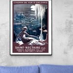 Affiche vintage du Lac Chambon en Auvergne, paysage artistique avec nature et montagnes.