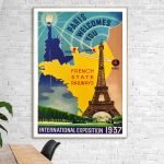 Affiche vintage de l'Exposition Internationale 1937 à Paris avec la Tour Eiffel et la carte de la Fr.