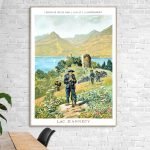 Affiche vintage du Festival de Cannes 1952, illustrant un voyage en train le long du lac d'Annecy.