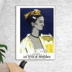 Affiche vintage du Carnaval de Nice 1975, illustrant une femme en costume traditionnel avec décor de.