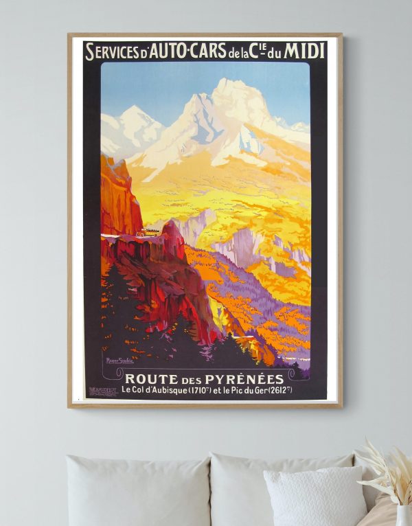 Affiche vintage de la Route des Pyrénées, Pays Basque, avec montagnes et paysages colorés.
