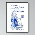 Affiche vintage Alpes Combloux pour promotion des sports d'hiver. Illustration de skieurs dans un st.