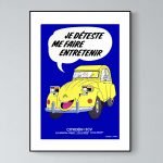 Affiche vintage Citroën 2CV humoristique, style rétro, décoration murale originale.