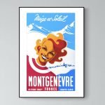 Affiche vintage de Montgenèvre, station de ski dans les Hautes-Alpes, France, avec montagnes enneigé.