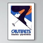 Affiche vintage des Pyrénées avec montagne et skieur, style rétro.