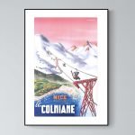 Affiche vintage représentant une scène de ski dans les Alpes, avec montagnes et télécabine.
