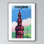 Affiche vintage de Megeve avec vue sur les montagnes alpines et architecture charmante.