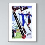 Affiche vintage de ski pour la Fête de la Cava aux Saisies, mettant en scène deux skieurs en action.