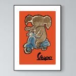 Affiche vintage d'un éléphant en scooter Vespa, style rétro.