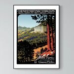 Affiche vintage des Chemins de Fer du Midi et d'Orléans dans les Pyrénées. Illustration d'un hôtel e.