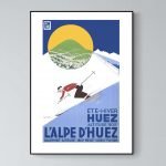 Affiche vintage ski Les Saisies, montagne enneigée, soleil, et skieur en action.