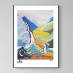 Affiche vintage Aix les Bains Revard, paysage coloré avec montagnes et lac.