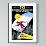 Affiche vintage de ski dans les Pyrénées avec paysage enneigé et soleil.