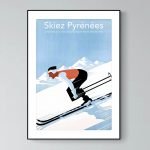 Affiche vintage de ski dans les Pyrénées, montagne enneigée.