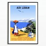 Air Liban - Affiche vintage avec paysage libanais et avion.