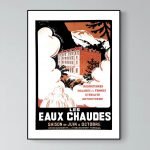 Affiche vintage Pyrenees, illustration d'une station thermale à Cardeilhac, avec montagnes et bâtime.