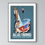 Panneau vintage pour la station thermale Ax-les-Thermes, promotion hiver-été-santé.