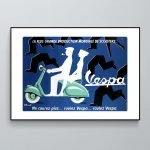 Affiche vintage Vespa avec design rétro et couleurs classiques.