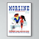 Affiche vintage Morzine hiver été, scène rétro avec skieurs et activités aquatiques.