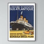 Affiche vintage de navigation maritime, représentant un paquebot avec un véhicule vintage en premier.