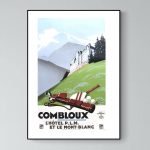 Affiche vintage de Combloux avec vue sur le Mont-Blanc et hôtel.
