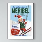 Affiche vintage Méribel, station de ski, décor rétro, ambiance hivernale, Alpes françaises.