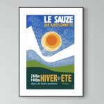 Affiche vintage représentant le Mont Revard à Aix-les-Bains, avec un soleil stylisé et des montagnes.