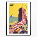 Affiche vintage Ostende Belgique, illustration colorée d'une scène balnéaire avec bâtiment emblémati.