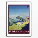 Affiche vintage Liban et Syrie, paysage touristique avec montagnes et architecture.