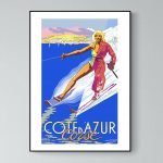 Affiche vintage représentant une skieuse à Evisa, Corse, avec paysage montagneux en arrière-plan.